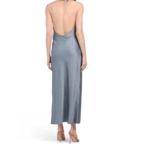 HOUSE OF HARLOW Satin Halter Backless Slip Maxi Dress Blue Check Size L - Picture 3 of 8